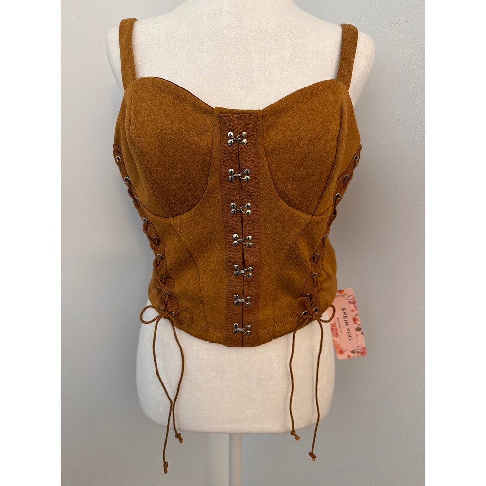 SHEIN MOD Brown Faux Suede Lace Up Corset Top Hook Eye Closure Size L NWT
